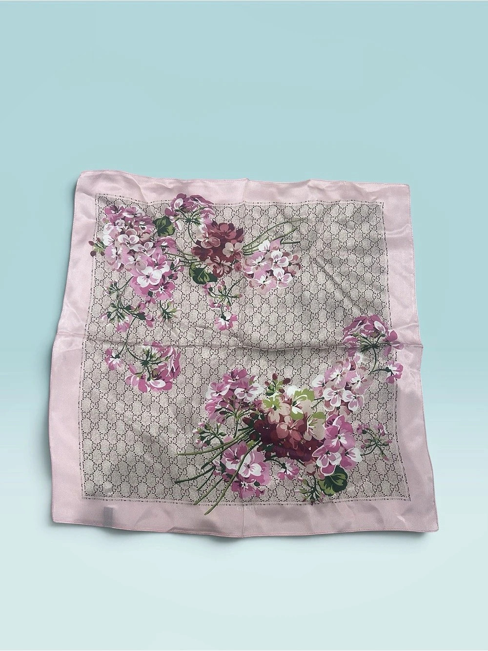 Designer GG Flora Print Silk Neck 79Scarf in Pink & Gray